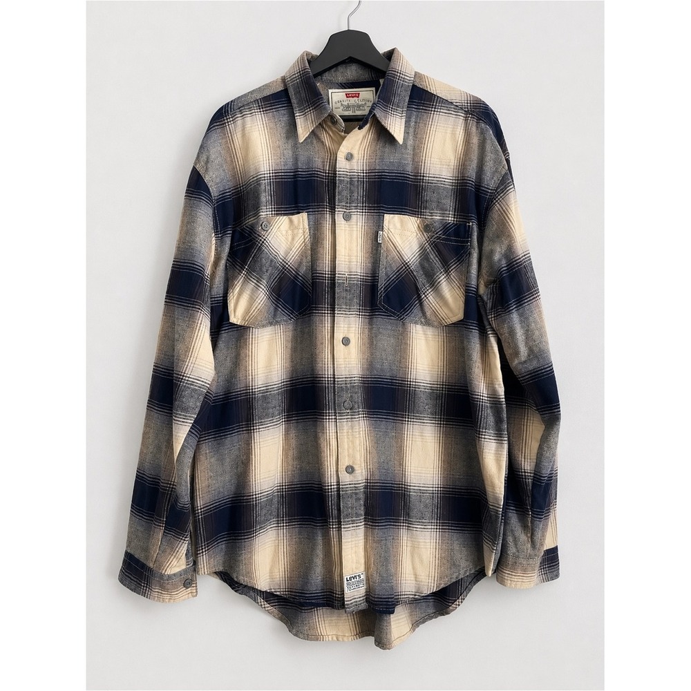 Levi's Shirt Flannel Plaid Dual Pockets Large Mens Navy Cream Button Down